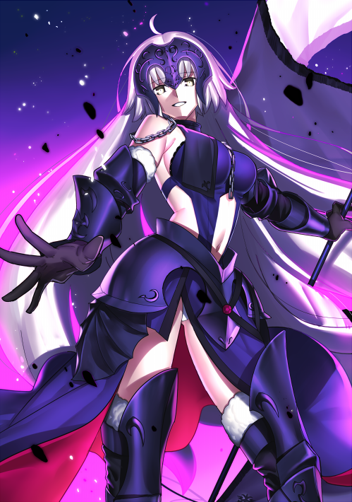1girl ahoge armor armored_boots armored_dress banner black_gloves boots breasts chains dress elbow_gloves eyebrows_visible_through_hair fate/grand_order fate_(series) floating_hair from_below fur_trim gloves gluteal_fold grin holding holding_weapon jeanne_d'arc_(alter)_(fate) jeanne_d'arc_(fate)_(all) large_breasts long_hair looking_at_viewer midriff navel navel_cutout panties purple_dress purple_footwear sen_(77nuvola) sideboob silver_hair sleeveless sleeveless_dress smile solo standing stomach thigh-highs thigh_boots underwear very_long_hair weapon white_panties yellow_eyes