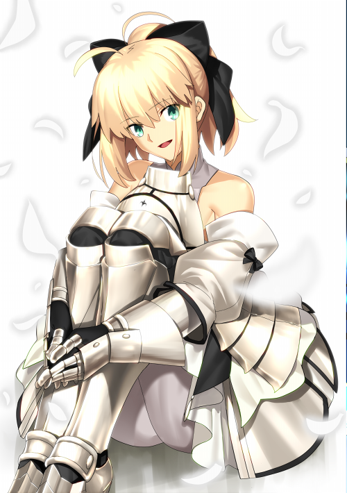 1girl :d ahoge armor armored_boots armored_dress artoria_pendragon_(all) black_bow blonde_hair boots bow dress eyebrows_visible_through_hair fate/unlimited_codes fate_(series) gauntlets green_eyes hair_between_eyes hair_bow head_tilt leg_hug looking_at_viewer open_mouth pantyhose saber_lily sen_(77nuvola) short_hair_with_long_locks sidelocks simple_background sitting sleeveless sleeveless_dress smile solo thigh-highs thigh_boots white_background white_dress white_feathers white_legwear