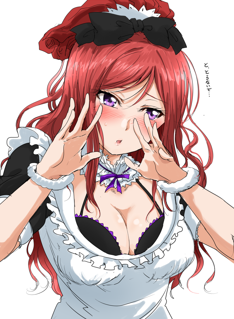 1girl alternate_costume apron blush bow bra bra_peek breasts cleavage frills hair_bow long_hair looking_at_viewer love_live! love_live!_school_idol_project maid maid_apron maid_headdress mogyutto_"love"_de_sekkin_chuu! nishikino_maki redhead shogo_(4274732) solo underwear upper_body violet_eyes