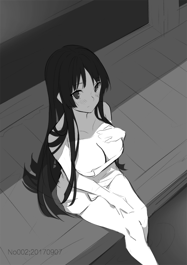 1girl akiyama_mio black_hair blush breasts cleavage closed_mouth collarbone dated eyebrows_visible_through_hair from_above greyscale hand_on_own_chest hand_on_own_thigh hime_cut k-on! large_breasts long_hair looking_at_viewer looking_up monochrome onsen sketch soaking_feet solo towel water zjm530280188