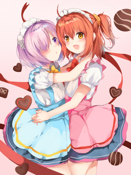 2girls ahoge blush chocolate commentary_request fate/grand_order fate_(series) fujimaru_ritsuka_(female) hair_between_eyes hair_ornament hair_over_one_eye hair_scrunchie heart holding looking_at_viewer mash_kyrielight multiple_girls one_side_up open_mouth orange_eyes orange_hair ponika purple_hair ribbon scrunchie short_hair side_ponytail skirt valentine yuri