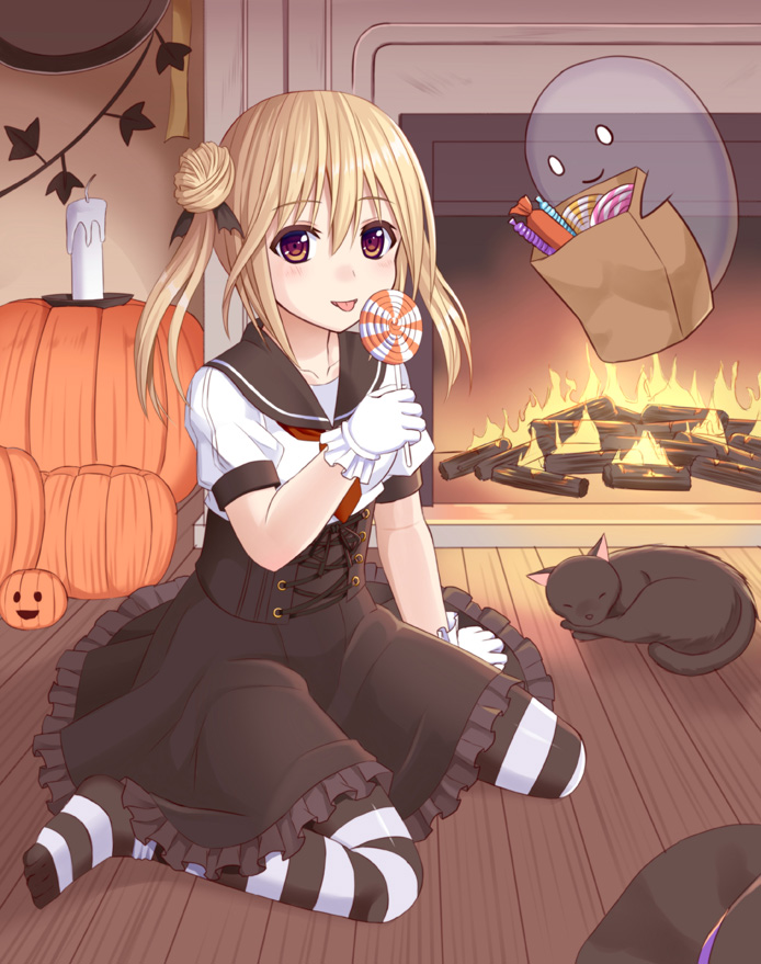 1girl animal arm_support bag bangs black_cat black_hat black_ribbon black_sailor_collar black_skirt blonde_hair blush brown_eyes candle candy carrying cat commentary_request double_bun eyebrows_visible_through_hair fire fireplace food frilled_gloves frilled_skirt frills ghost gloves hair_between_eyes hair_ribbon halloween hat hat_removed headwear_removed holding holding_bag holding_lollipop indoors jack-o'-lantern lollipop long_hair looking_at_viewer no_shoes on_floor original pantyhose paper_bag parted_lips pumpkin revision ribbon sailor_collar sailor_shirt shirt short_sleeves sidelocks sitting skirt smile striped striped_legwear swirl_lollipop tongue tongue_out transparent tsukino_neru twintails wariza white_gloves white_shirt witch_hat wooden_floor