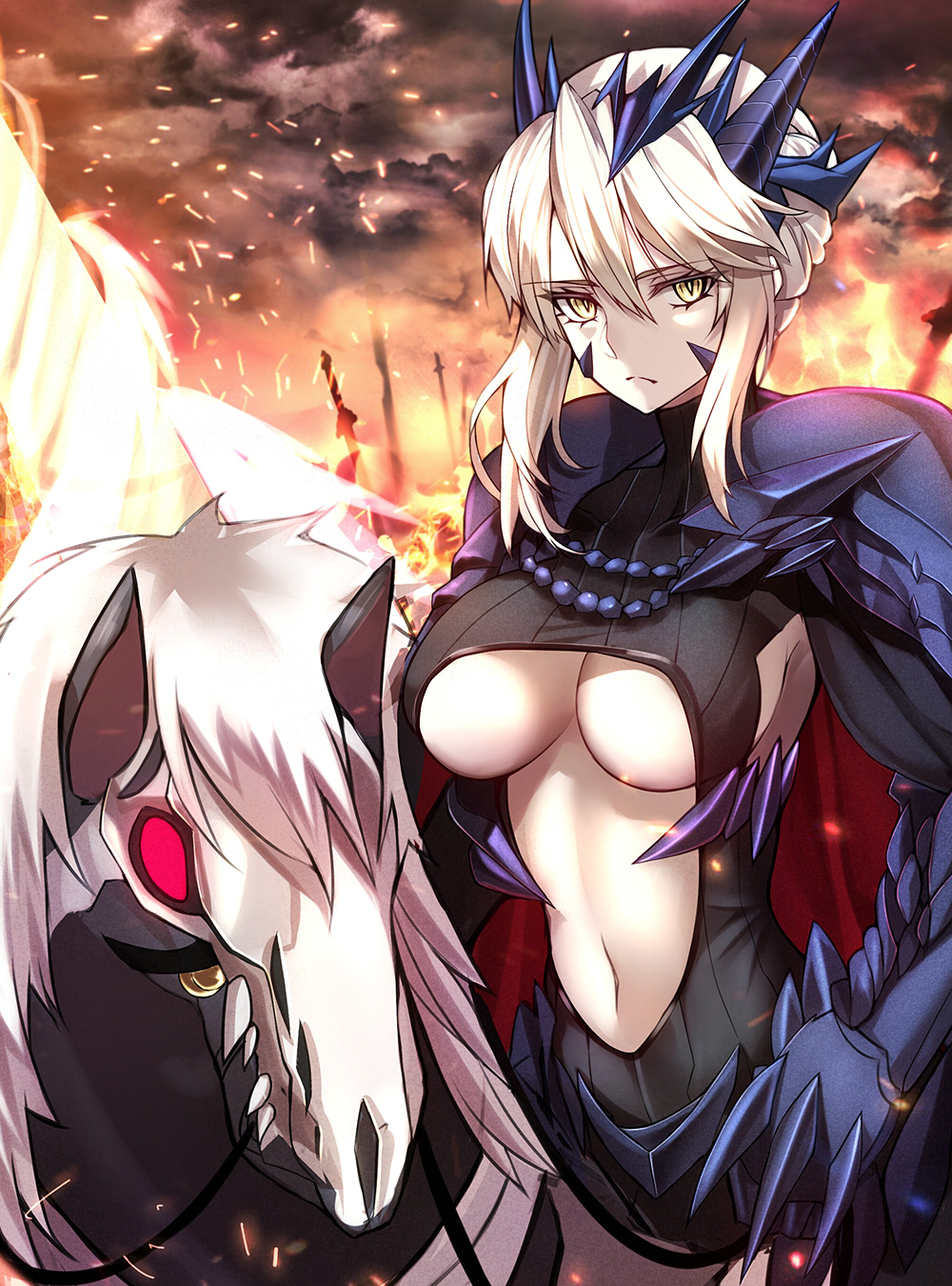 1girl armor artoria_pendragon_(all) artoria_pendragon_(lancer_alter) bangs black_leotard blue_armor braid breasts closed_mouth clouds cloudy_sky covered_collarbone crown dark_rhongomyniad eyebrows_visible_through_hair fate/grand_order fate_(series) fire french_braid gauntlets glowing glowing_weapon hair_between_eyes headgear highres horned_headwear horns horse horseback_riding lance large_breasts leotard looking_at_viewer navel pauldrons planted_sword planted_weapon platinum_blonde polearm red_eyes reins riding serious shiguru short_hair_with_long_locks sidelocks skull sky slit_pupils smoke sparks sword tsurime turtleneck under_boob weapon yellow_eyes