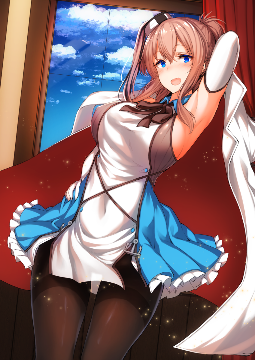 1girl alternate_costume anchor armpits blue_dress blue_eyes breasts brown_hair cosplay costume_switch covered_navel curtains day dress elbow_gloves gloves hair hand_behind_head hand_on_hip highres kantai_collection large_breasts looking_at_viewer open_mouth pantyhose ponytail saratoga_(kantai_collection) side_ponytail sideboob solo thighband_pantyhose tobi-mura two-tone_dress white_dress white_gloves window