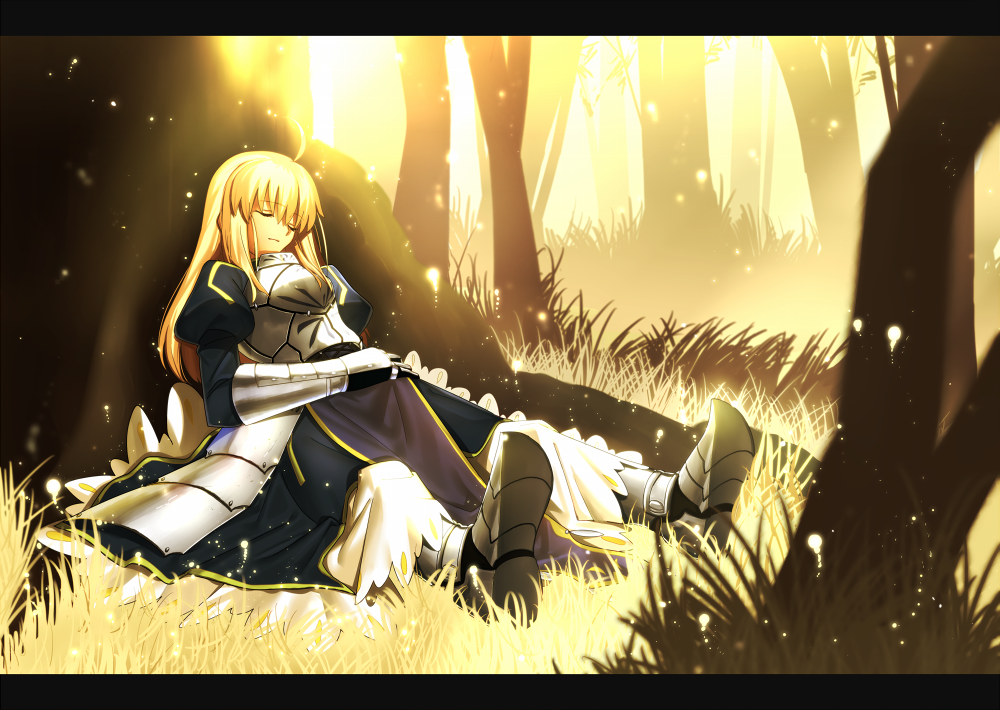 1girl ahoge armor armored_boots armored_dress artoria_pendragon_(all) blonde_hair blue_dress boots closed_eyes day dress eyebrows_visible_through_hair fate/stay_night fate_(series) forest long_dress long_hair lying nature on_back outdoors saber sen_(77nuvola) smile solo