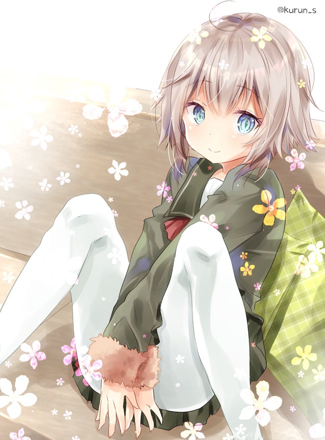 1girl ass between_legs blonde_hair blue_eyes eyebrows_visible_through_hair flower full_moon fur-trimmed_sleeves fur_trim green_jacket green_skirt hand_between_legs jacket kantai_collection kurun_(kurun777) long_sleeves looking_at_viewer moon neck_ribbon pantyhose pleated_skirt red_ribbon ribbon school_uniform serafuku shimushu_(kantai_collection) short_hair sitting skirt smile solo twitter_username white_legwear