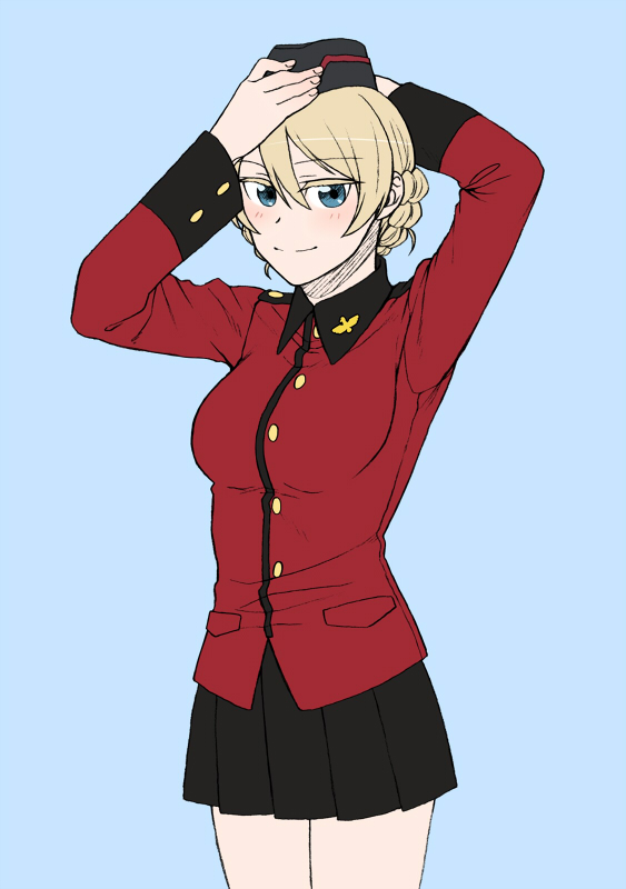 1girl adjusting_clothes adjusting_hat arms_up bangs black_hat black_skirt blonde_hair blue_background blue_eyes braid closed_mouth commentary cowboy_shot darjeeling epaulettes garrison_cap girls_und_panzer hat holding jacket kuromorimine_military_uniform long_sleeves looking_at_viewer military military_hat military_uniform miniskirt pleated_skirt red_jacket short_hair simple_background skirt smile solo st._gloriana's_military_uniform standing tied_hair torinone twin_braids uniform