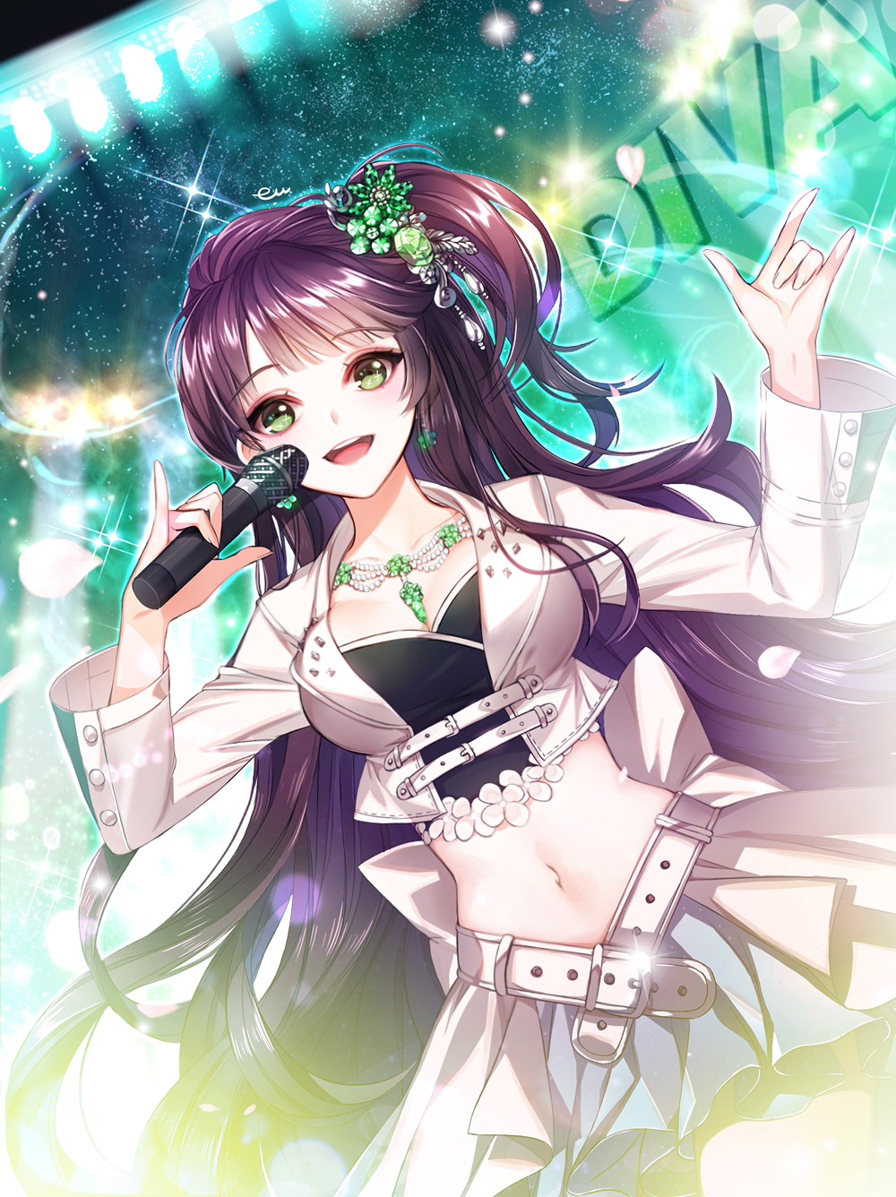 1girl beltskirt black_hair blush breasts cleavage collarbone eu_(euspia) eyebrows_visible_through_hair gem green_eyes green_skirt highres holding holding_microphone jewelry large_breasts long_hair long_sleeves looking_at_viewer mabinogi microphone navel open_mouth revision skirt smile starlet teeth