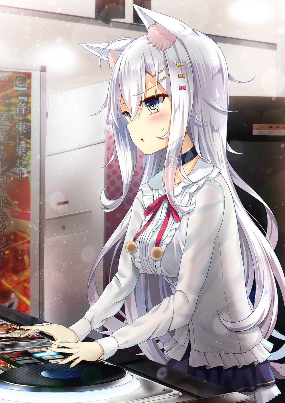 1girl akine_(kuroyuri) animal_ears arcade arcade_cabinet beatmania beatmania_iidx blue_eyes breasts cat_ears cat_tail commentary_request frills gradient_eyes hair_ornament hairclip highres long_hair long_sleeves medium_breasts multicolored multicolored_eyes original phonograph playing_games ribbon skirt solo sweatdrop tail translation_request turntable white_hair