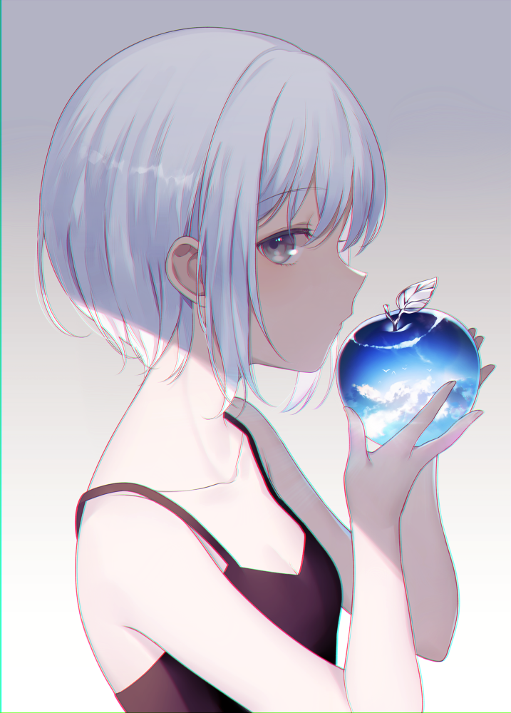 1girl achiki apple bangs blue_sky camisole closed_mouth collarbone double_exposure eyebrows_visible_through_hair food from_side fruit grey_eyes hands_up holding holding_fruit looking_at_viewer original profile shade short_hair sidelocks silver_hair sky solo upper_body