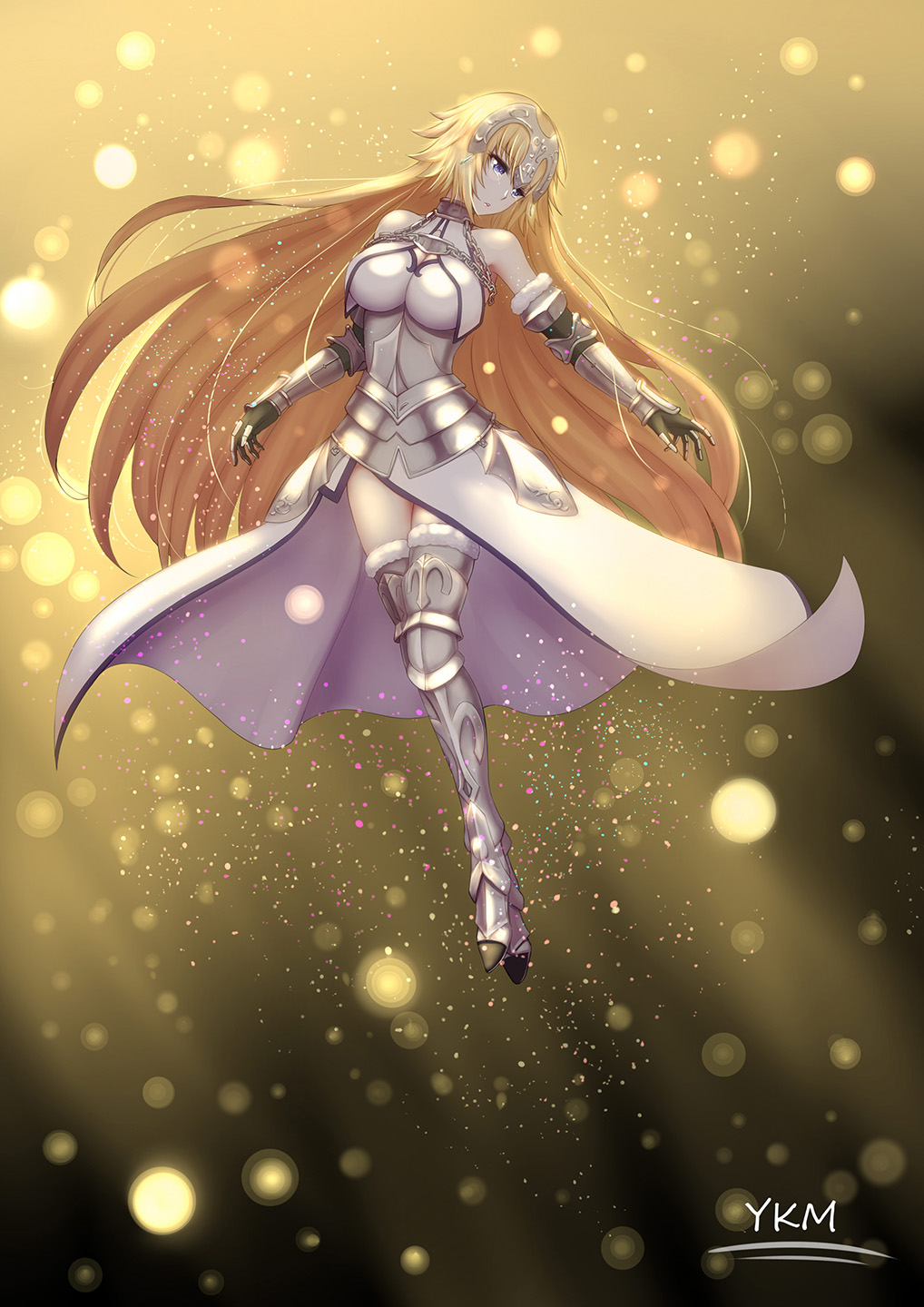 1girl armor armored_boots armored_dress blonde_hair blue_eyes boots breasts cleavage dress dylannn fate/apocrypha fate_(series) floating_hair full_body gauntlets highres jeanne_d'arc_(fate) jeanne_d'arc_(fate)_(all) large_breasts long_hair parted_lips signature sleeveless sleeveless_dress solo thigh-highs thigh_boots very_long_hair white_dress