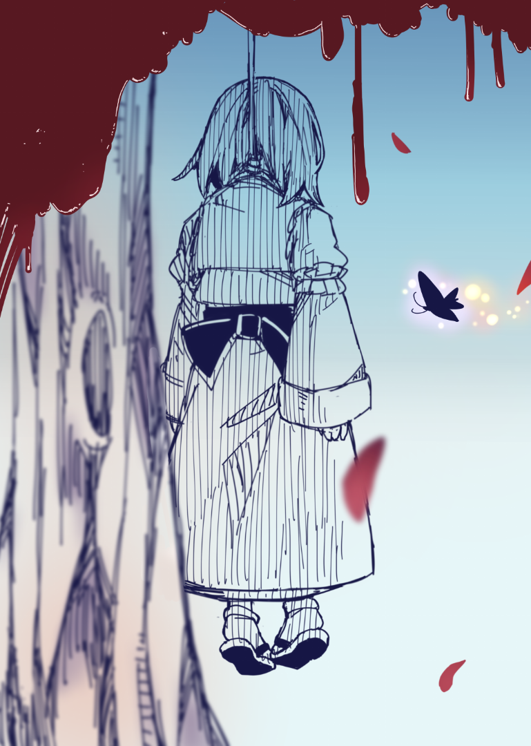 1girl anarogumaaa blood blood_splatter butterfly death from_behind full_body hanged long_sleeves petals saigyouji_yuyuko sandals short_hair socks solo touhou tree