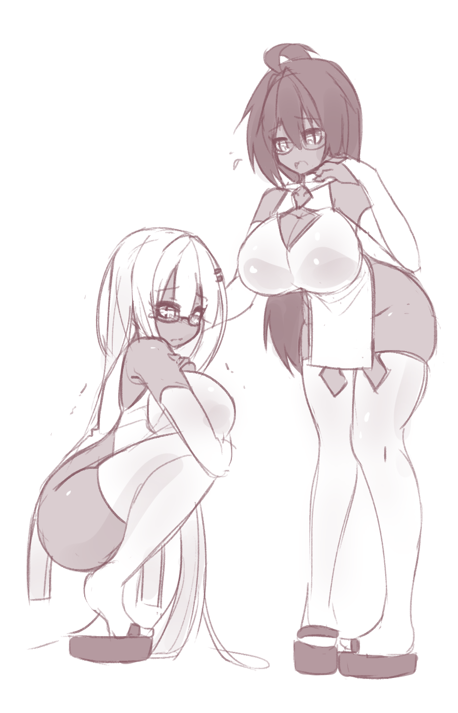 2girls ahoge ass bare_shoulders breasts bridal_gauntlets cleavage_cutout commentary dark_skin elbow_gloves flip-flops glasses gloves greyscale hair_between_eyes hair_ornament hairclip hand_on_another's_shoulder highres huge_breasts long_hair looking_at_another monochrome multiple_girls original pelvic_curtain sandals sketch squatting sub-res tears thigh-highs very_long_hair