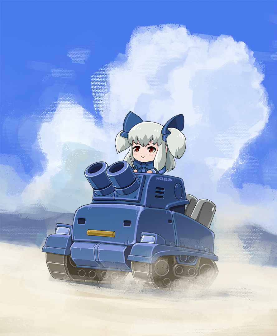1girl artist_name blue_neckwear blue_sky blush bow bowtie brown_eyes cannon closed_mouth clouds cloudy_sky commentary_request driving grey_hair ground_vehicle mclelun metal_slug military military_vehicle motor_vehicle outdoors sand sky smile solo tank twintails