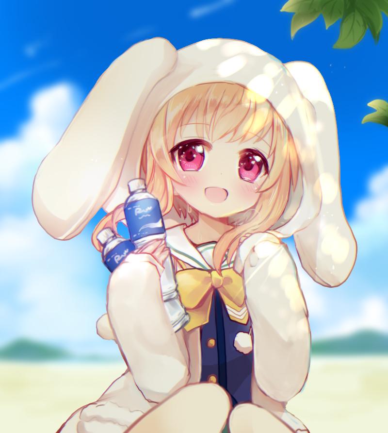 1girl :d animal_ears animal_hood bangs battle_girl_high_school blonde_hair blue_shirt blue_sky blurry blurry_background blush bottle bunny_hood clouds commentary_request day depth_of_field eyebrows_visible_through_hair heavy_breathing holding holding_bottle hood hood_up jacket knees_together_feet_apart long_hair long_sleeves looking_at_viewer maodouzi open_clothes open_jacket open_mouth outdoors rabbit_ears sailor_collar school_uniform serafuku shirt sitting sky sleeves_past_wrists smile solo sweat violet_eyes watagi_michelle water_bottle white_jacket white_sailor_collar