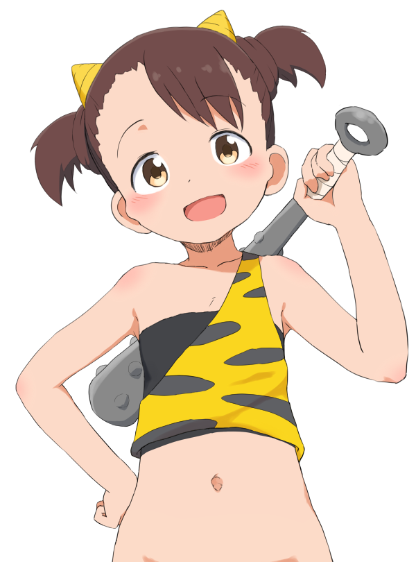 1girl :d akamatsu_yui bottomless brown_eyes brown_hair bubukka club eyebrows_visible_through_hair hand_on_hip head_tilt horns kanabou looking_at_viewer mitsuboshi_colors navel open_mouth over_shoulder short_hair short_twintails simple_background single_bare_shoulder smile solo twintails upper_body weapon weapon_over_shoulder white_background