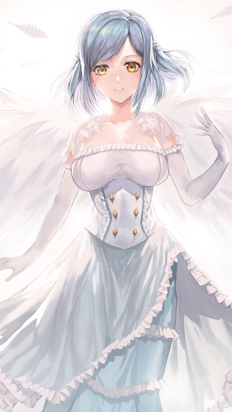 1girl bangosu breasts character_request closed_mouth dress elbow_gloves feathered_wings gloves highres large_breasts long_hair looking_at_viewer smile solo two_side_up virtual_youtuber white_dress white_gloves white_wings wings