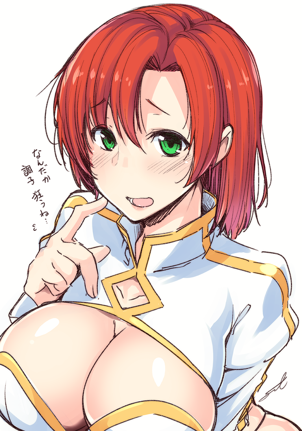 1girl boudica_(fate/grand_order) breasts cleavage fate/grand_order fate_(series) fue_(rhomphair) green_eyes highres juliet_sleeves large_breasts long_sleeves puffy_sleeves redhead revealing_clothes short_hair upper_body