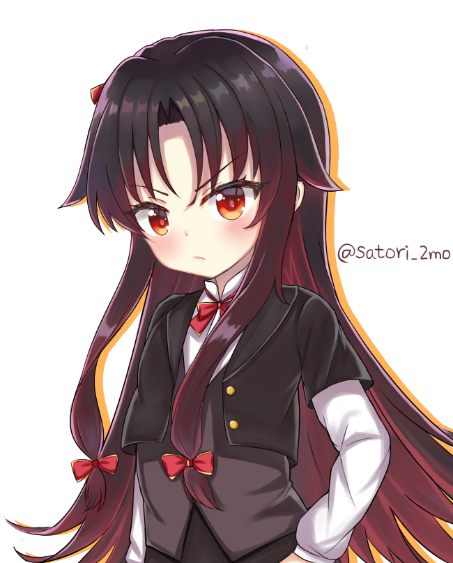 1girl bangs black_jacket black_skirt blush bow brown_hair brown_vest closed_eyes commentary_request eyebrows_visible_through_hair gradient_hair hair_bow hand_on_hip jacket long_hair long_sleeves looking_at_viewer multicolored_hair orange_outline outline red_bow red_eyes ryuuou_no_oshigoto! satori_(ymoy) shirt short_over_long_sleeves short_sleeves sidelocks simple_background skirt solo twitter_username v-shaped_eyebrows very_long_hair vest white_background white_shirt yashajin_ai