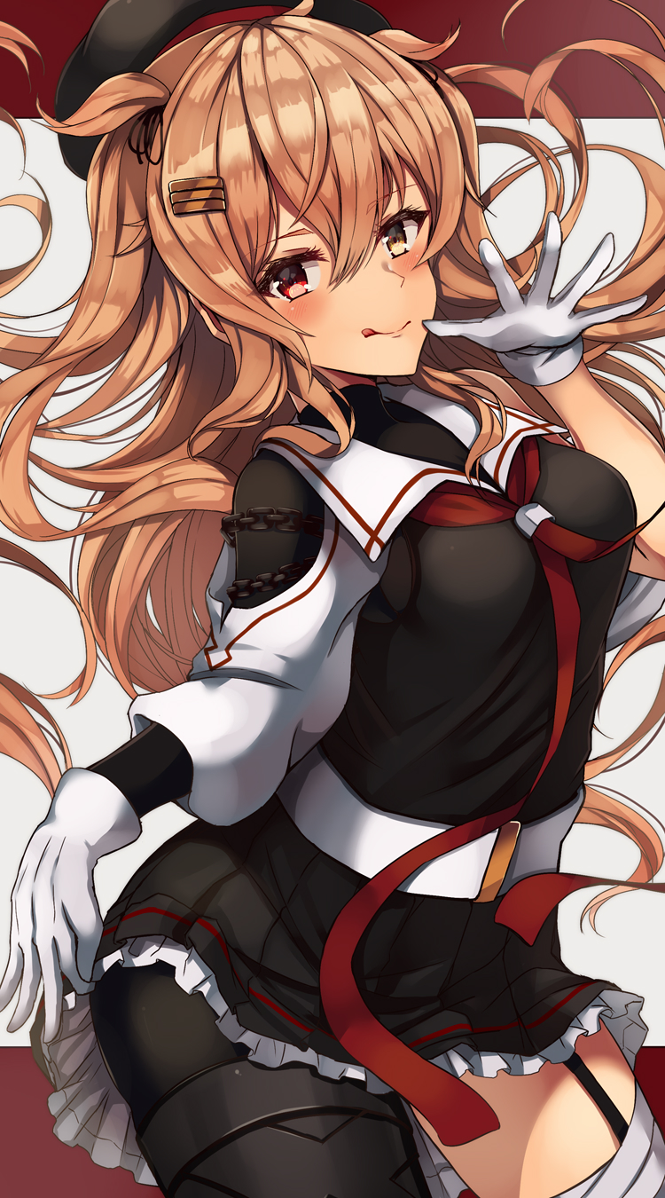 1girl :q asymmetrical_clothes beret black_serafuku black_skirt brown_eyes chains garter_straps gloves hair_ornament hair_tie hairclip hat heterochromia highres kantai_collection light_brown_hair long_hair murasame_(kantai_collection) natsu_narumi neckerchief pleated_skirt red_eyes remodel_(kantai_collection) sailor_collar school_uniform serafuku skirt solo tongue tongue_out twintails two_side_up white_gloves