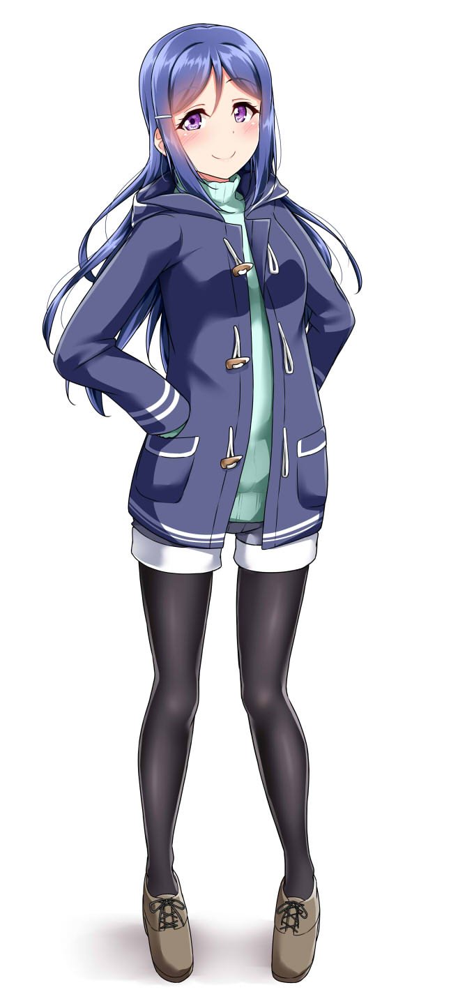 1girl aqua_sweater black_legwear blue_coat blue_hair blush brown_footwear commentary_request duffel_coat full_body hair_down hair_ornament hairpin hands_in_pockets highres hood hood_down long_hair long_sleeves looking_at_viewer love_live! love_live!_sunshine!! matsuura_kanan pantyhose shoes shorts simple_background smile solo standing violet_eyes white_background yopparai_oni