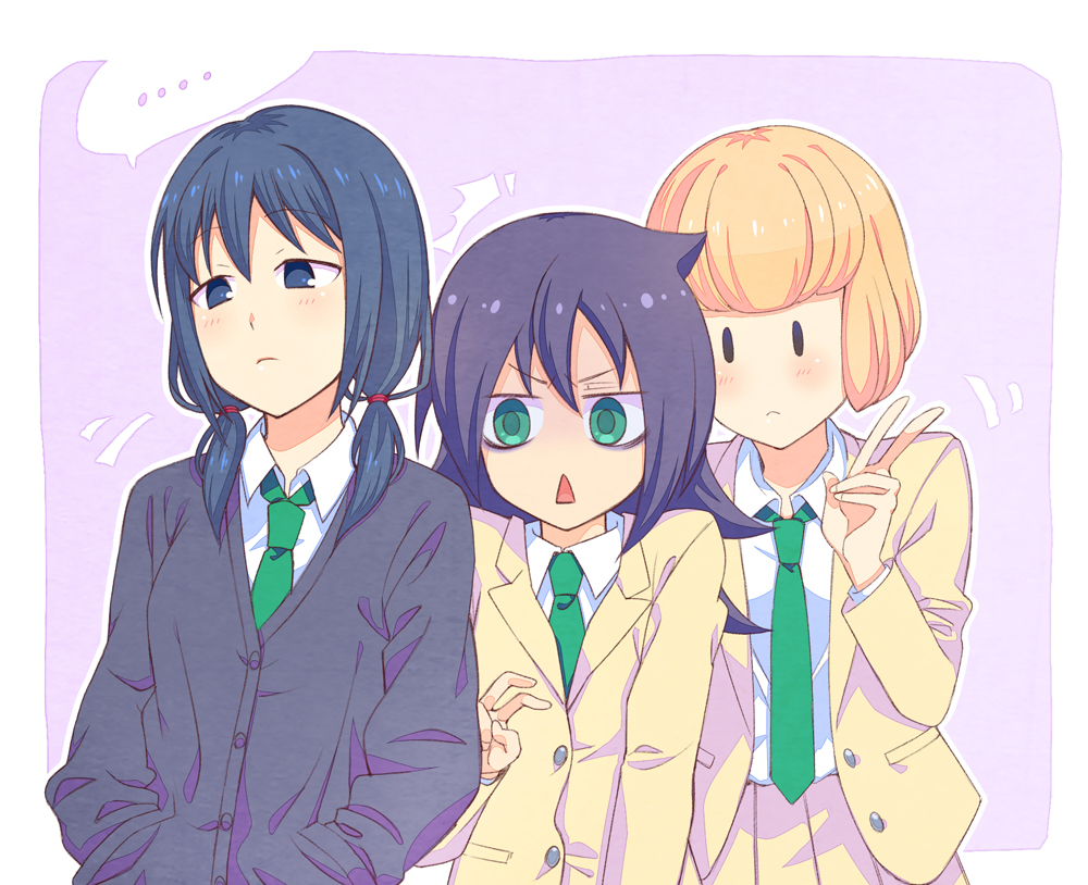 3girls black_eyes black_hair blonde_hair commentary_request green_eyes hakka0320 kuroki_tomoko multiple_girls necktie school_uniform sweater tamura_yuri ucchi_(watashi_ga_motenai_no_wa_dou_kangaetemo_omaera_ga_warui!) v watashi_ga_motenai_no_wa_dou_kangaetemo_omaera_ga_warui! |_|