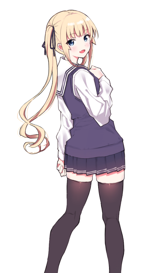 1girl :d black_legwear blonde_hair blue_eyes blush fang from_behind hair_ribbon hand_on_own_chest kneepits long_hair long_sleeves looking_at_viewer open_mouth pleated_skirt remora180 ribbon saenai_heroine_no_sodatekata sailor_collar sailor_shirt sawamura_spencer_eriri school_uniform shirt simple_background skirt smile solo sweater_vest thigh-highs twintails zettai_ryouiki