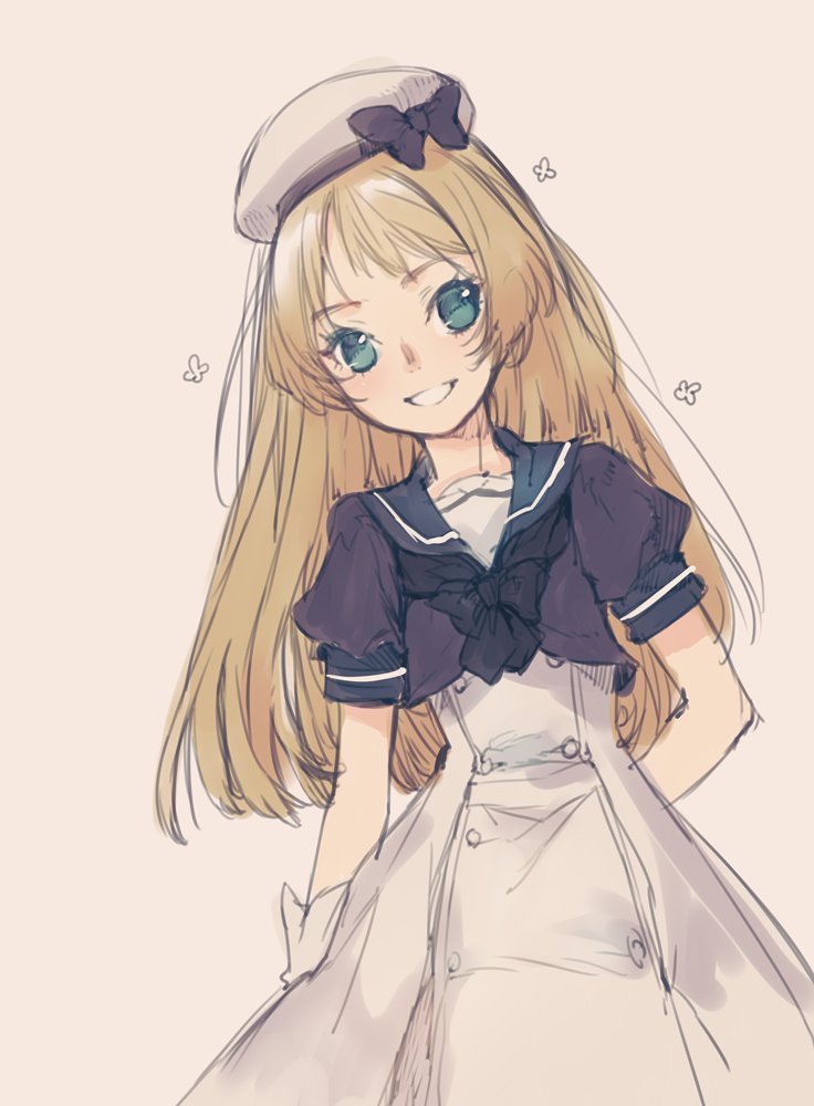 1girl beret blonde_hair branch_(blackrabbits) dress gloves green_eyes hat jervis_(kantai_collection) kantai_collection long_hair looking_at_viewer open_mouth sailor_collar sailor_dress short_sleeves simple_background smile solo white_gloves white_hat