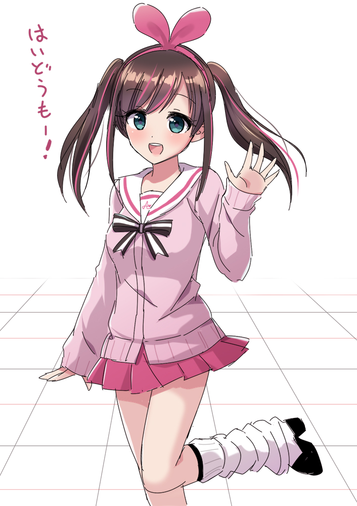 1girl :d a.i._channel alternate_hairstyle arm_at_side bangs black_footwear blue_eyes blush brown_hair eyebrows_visible_through_hair hair_ribbon hairband jacket kizuna_ai leg_up leg_warmers long_hair long_sleeves looking_at_viewer miniskirt multicolored_hair nobu0 open_mouth pink_hair pink_hairband pink_jacket pink_ribbon pink_skirt pleated_skirt ribbon round_teeth sailor_collar school_uniform serafuku shoes sidelocks simple_background sketch skirt sleeves_past_wrists smile solo standing standing_on_one_leg swept_bangs tareme teeth translation_request twintails two-tone_hair waving white_background white_sailor_collar