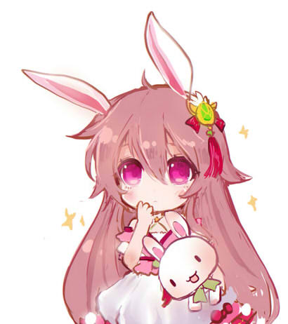 1girl animal_ears aura_kingdom bangs blush brown_hair chibi closed_mouth dress eyebrows_visible_through_hair hair_between_eyes hair_ornament hand_to_own_mouth holding holding_stuffed_animal long_hair looking_at_viewer lowres maodouzi pink_dress rabbit_ears serena_(aura_kingdom) simple_background solo sparkle stuffed_animal stuffed_bunny stuffed_toy very_long_hair violet_eyes white_background