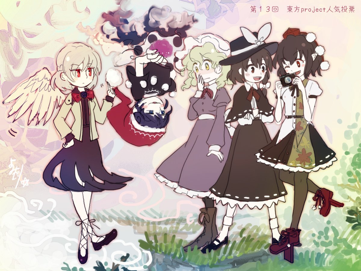 5girls black_hat blonde_hair blue_eyes blue_hair blush bow bowtie brown_eyes camera chocolate_hair commentary_request covering_mouth crossed_arms doremy_sweet dream_soul floating geta grass hand_over_own_mouth hat hat_bow hat_ribbon holding holding_camera juliet_sleeves katari kishin_sagume long_sleeves looking_at_another maribel_hearn mob_cap multiple_girls nightcap one_eye_closed one_leg_raised open_mouth pointy_ears pom_pom_(clothes) puffy_short_sleeves puffy_sleeves red_bow red_eyes red_hat ribbon shameimaru_aya short_hair short_sleeves silver_hair single_wing standing tengu-geta tokin_hat touhou translation_request upside-down usami_renko white_bow white_ribbon wings yellow_eyes