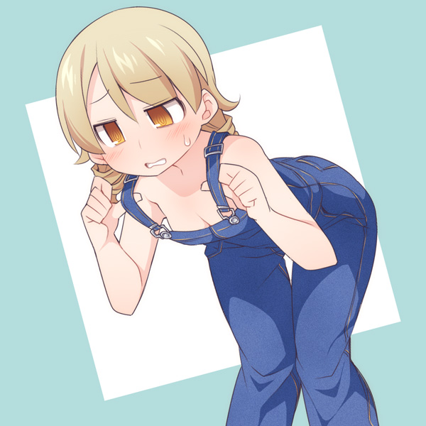 1girl @_@ blush breasts brown_eyes cleavage denim eyebrows_visible_through_hair idolmaster idolmaster_cinderella_girls light_brown_hair morikubo_nono naked_overalls open_mouth overalls short_hair simple_background small_breasts solo standing suspenders ushi wavy_mouth