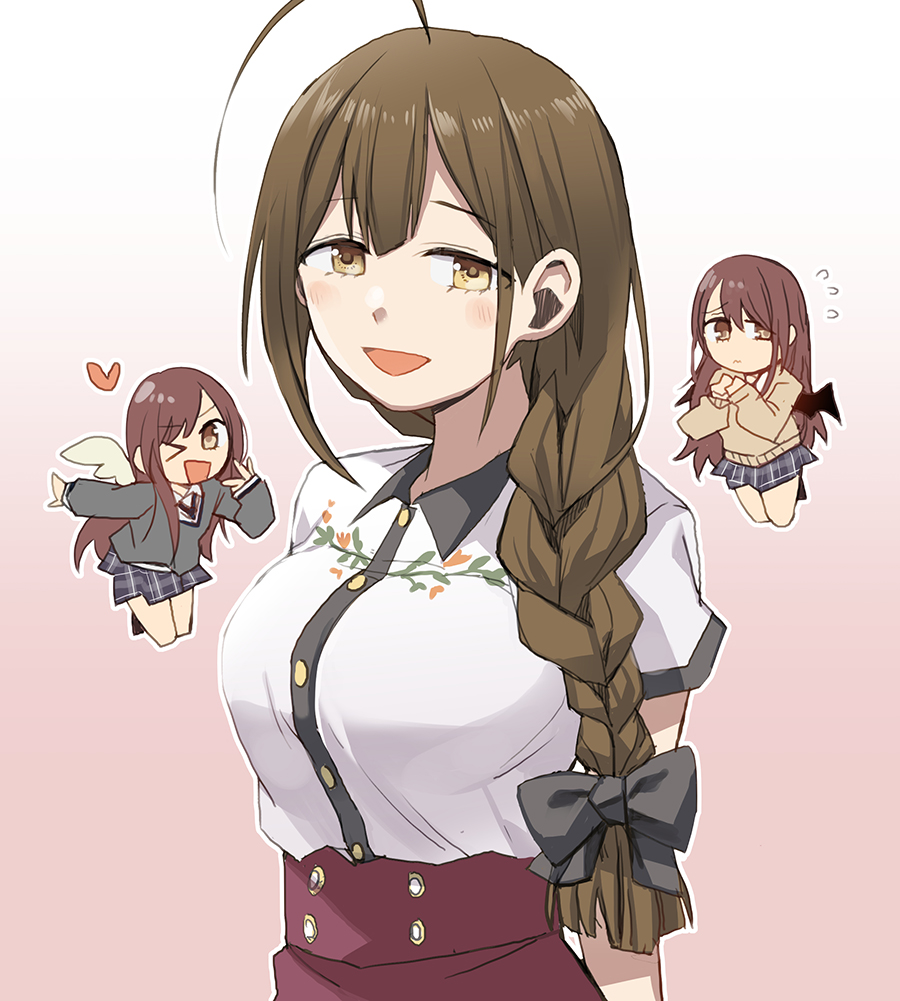 3girls ahoge black_ribbon blush breasts brown_hair chibi idolmaster idolmaster_shiny_colors kuwayama_chiyuki large_breasts long_braid long_hair looking_at_viewer miniskirt multiple_girls oosaki_amana oosaki_tenka ribbon school_uniform skirt smile wm_(chawoo1357) yellow_eyes