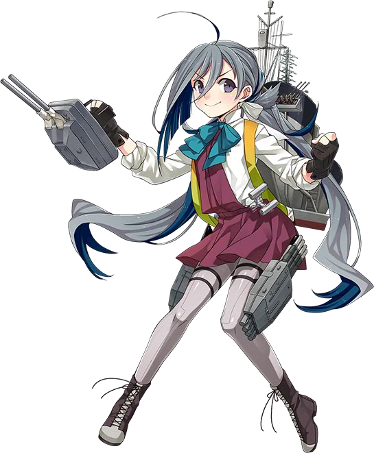 &gt;:) 1girl ahoge black_gloves blue_hair blush boots bow bowtie cross-laced_footwear dress eyebrows_visible_through_hair fujikawa full_body gloves grey_eyes grey_hair grey_legwear gun hair_between_eyes hair_ribbon holding holding_gun holding_weapon kantai_collection kiyoshimo_(kantai_collection) lace-up_boots long_hair looking_at_viewer low_twintails machinery multicolored_hair official_art pantyhose partly_fingerless_gloves ribbon rigging shirt sleeveless sleeveless_dress sleeves_rolled_up solo transparent_background turret twintails very_long_hair weapon white_ribbon white_shirt