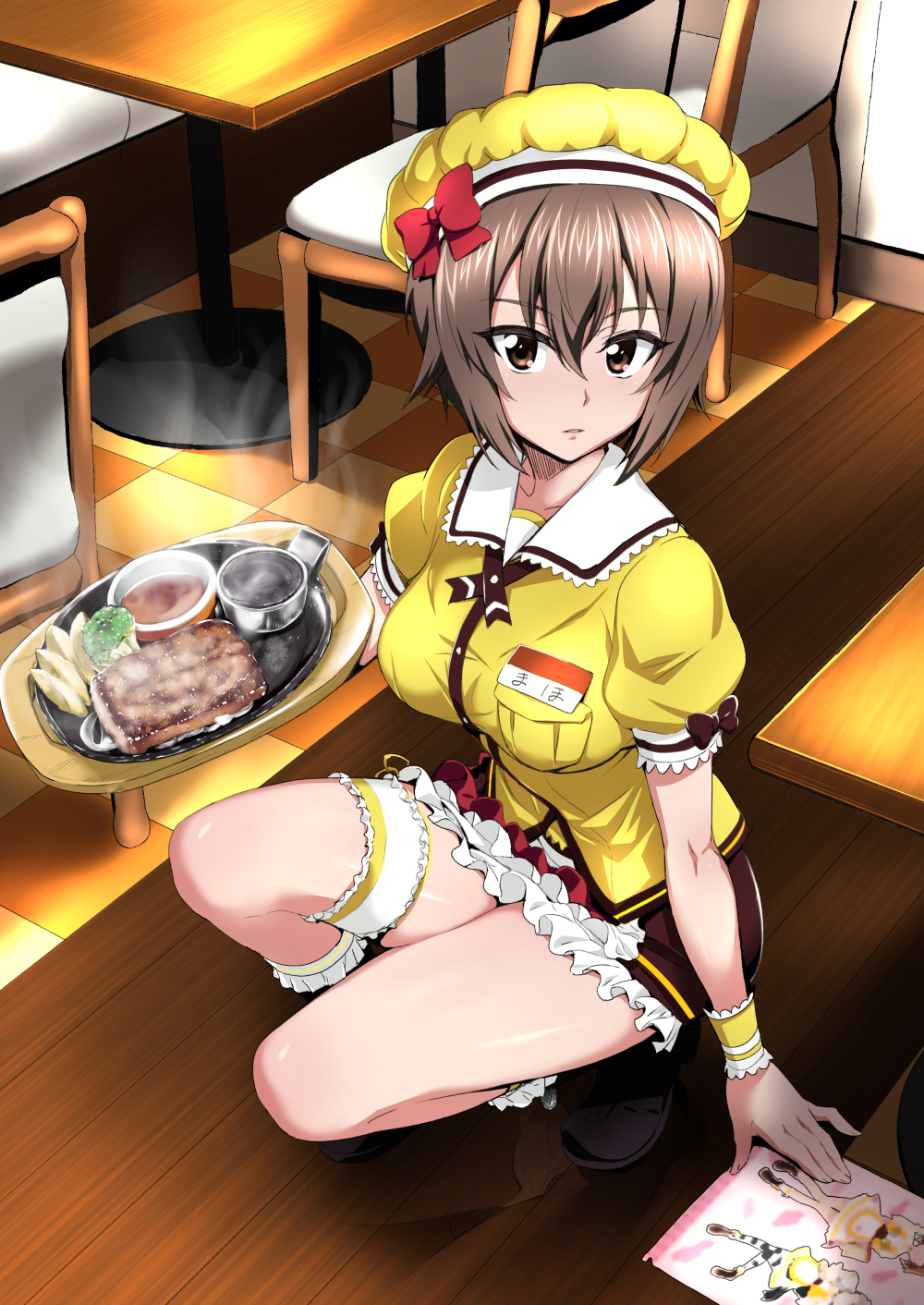 1girl apron bow brown_eyes brown_hair coco's diner food frilled_skirt frills girls_und_panzer hat hat_bow highres leg_garter looking_at_viewer meat miniskirt nakahira_guy name_tag nishizumi_maho puffy_short_sleeves puffy_sleeves reflection short_hair short_sleeves skirt solo squatting steam thighs tray uniform waitress wooden_floor
