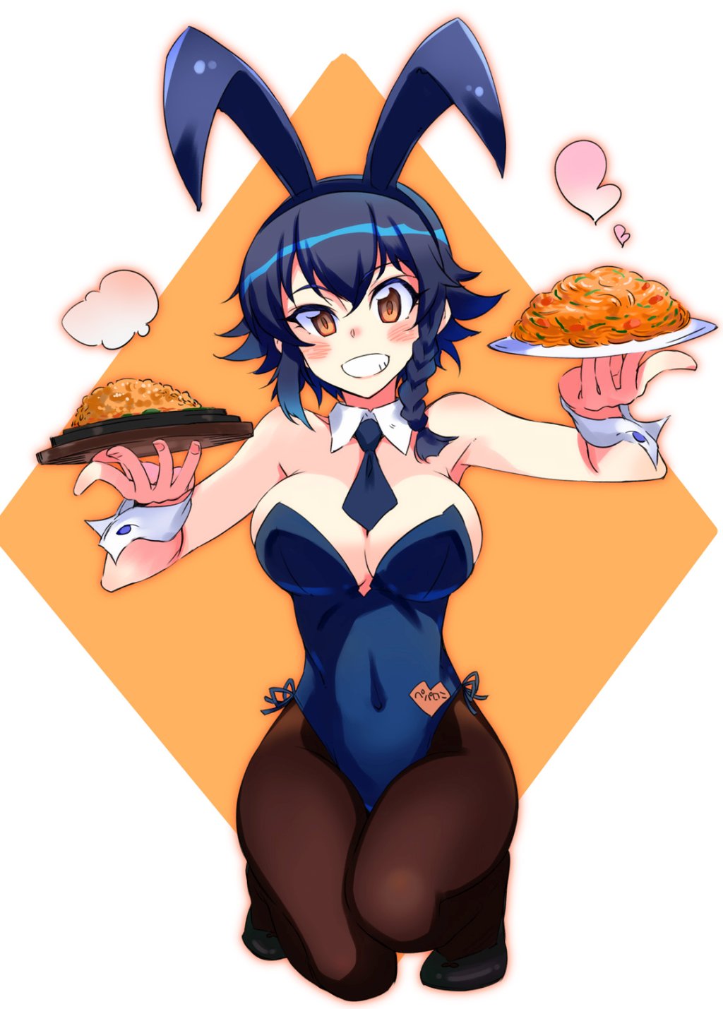 1girl animal_ears breasts bunny_girl bunnysuit detached_collar fake_animal_ears food girls_und_panzer highres kneeling kusanagi_tonbo large_breasts leotard pepperoni_(girls_und_panzer) rabbit_ears solo strapless strapless_leotard wrist_cuffs