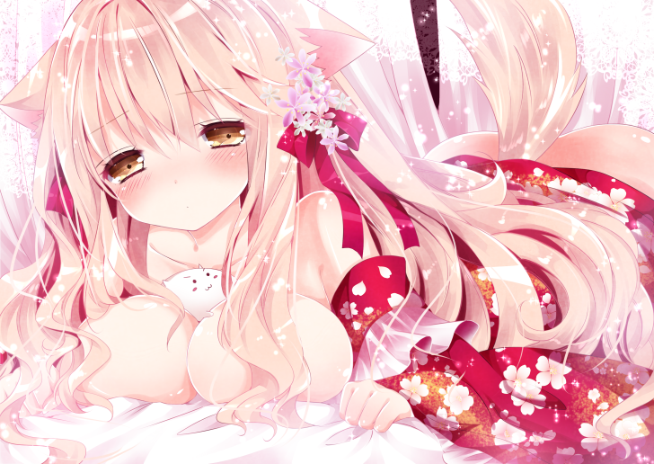 1girl :3 animal_ears blonde_hair blush breasts brown_eyes cat_ears flower hair_flower hair_ornament japanese_clothes kimono long_hair looking_at_viewer lying nanase_kureha nanase_nao original pillow ribbon solo tail