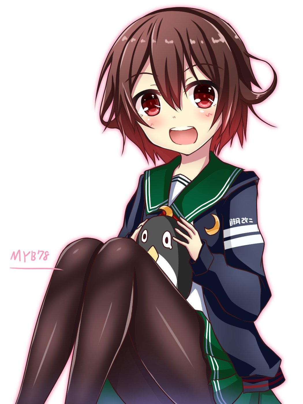 1girl artist_name black_legwear blue_jacket brown_hair crescent crescent_moon_pin failure_penguin gradient_hair green_skirt highres jacket kantai_collection looking_at_viewer multicolored_hair mutsuki_(kantai_collection) neckerchief open_mouth pantyhose pleated_skirt red_neckwear redhead remodel_(kantai_collection) school_uniform serafuku short_hair simple_background sitting skirt solo white_background yuuki_miyabi