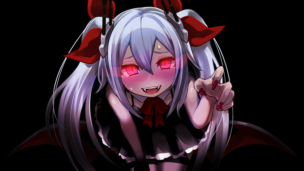1girl :d azur_lane bangs bare_shoulders bat_wings bending_forward bent_over black_background black_dress blush bow bowtie detached_collar dress fangs fingernails hair_between_eyes hair_ornament hair_ribbon hand_up heart heart-shaped_pupils hiromotohiroki long_fingernails long_hair looking_at_viewer low_wings nail_polish nose_blush open_mouth pink_eyes red_bow red_nails red_neckwear red_ribbon ribbon sharp_fingernails silver_hair simple_background smile solo sweat symbol-shaped_pupils teeth tongue turret twintails vampire_(azur_lane) wings