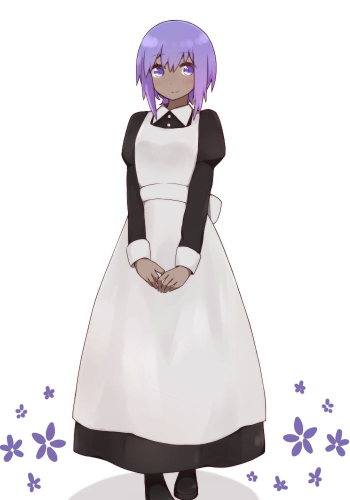 1girl alternate_costume apron bangs black_dress black_footwear closed_mouth collared_dress dark_skin dress eyebrows_visible_through_hair fate/prototype fate/prototype:_fragments_of_blue_and_silver fate_(series) full_body hassan_of_serenity_(fate) i.u.y juliet_sleeves long_sleeves looking_at_viewer own_hands_together puffy_sleeves purple_hair shoes short_hair sidelocks simple_background sleeve_cuffs smile solo standing tareme violet_eyes white_apron white_background wing_collar
