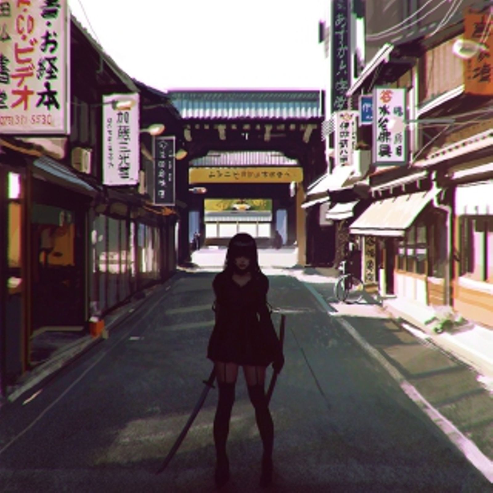 1girl air_conditioner architecture bicycle chromatic_aberration east_asian_architecture garter_straps gate ground_vehicle hair_over_eyes highres ilya_kuvshinov katana kyoto long_hair original photo-referenced real_world_location road scabbard sheath solo standing street sword thigh-highs traffic_light weapon zettai_ryouiki