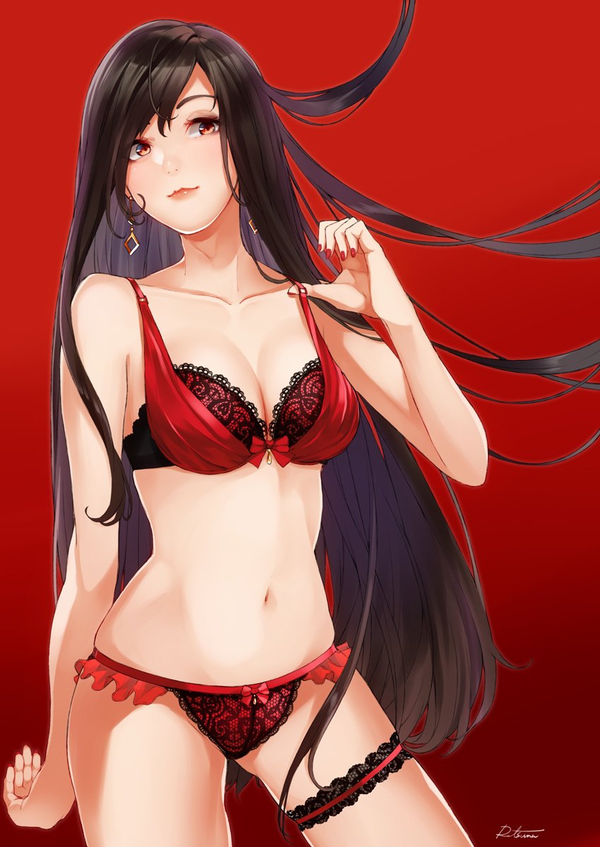 1girl black_hair breasts character_request copyright_request earrings highres jewelry long_hair nail_polish red_background red_nails retsuna underwear