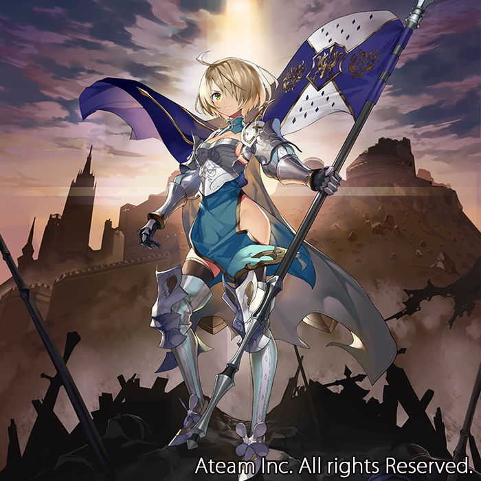 1girl ahoge armor banner blonde_hair boobplate boots breastplate carliss_(valkyrie_connect) closed_mouth clouds cloudy_sky contrapposto day flag gauntlets green_eyes hair_over_one_eye holding light_frown light_rays looking_at_viewer matsui_hiroaki official_art one_eye_covered pelvic_curtain ruins sky solo standing valkyrie_connect watermark