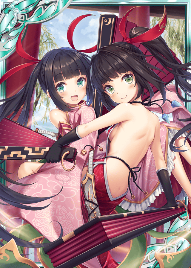 2girls :d akkijin aqua_eyes back bare_shoulders black_hair chinese_clothes fan green_eyes multiple_girls official_art open_mouth ponytail shinkai_no_valkyrie smile