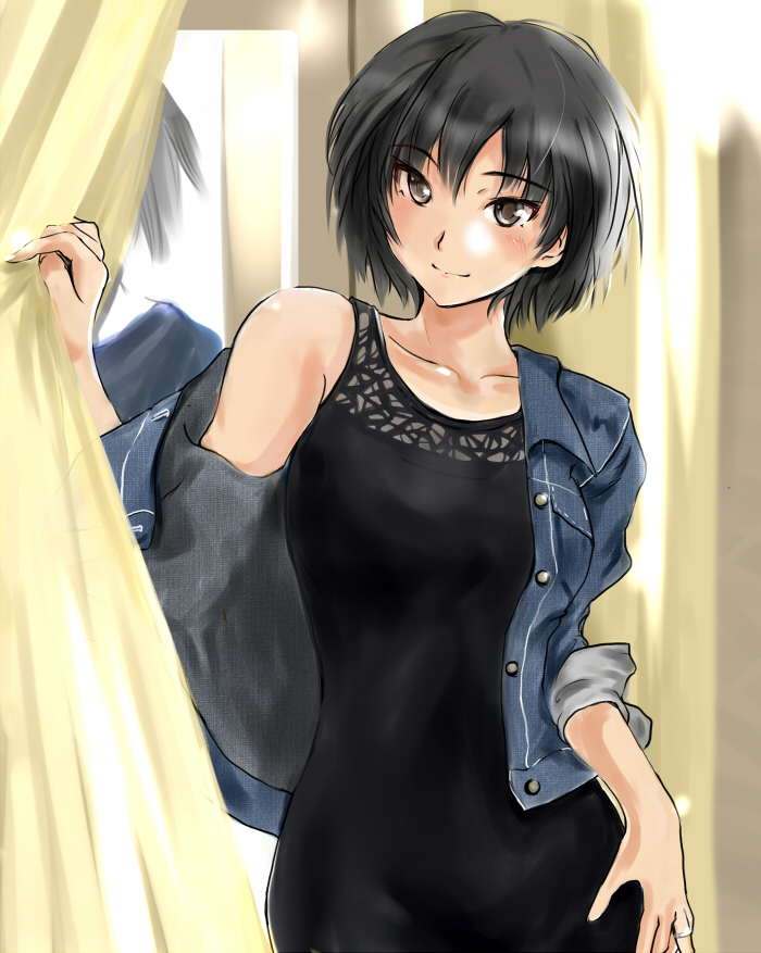 1girl amagami bangs black_dress black_hair blue_jacket blush brown_eyes closed_mouth collarbone curtains denim denim_jacket dress eyebrows_visible_through_hair hand_on_hip head_tilt indoors jacket jewelry looking_at_viewer mirror murasaki_iro nanasaki_ai off_shoulder open_clothes open_jacket reflection ring short_hair single_bare_shoulder sleeves_past_elbows smile solo unbuttoned upper_body