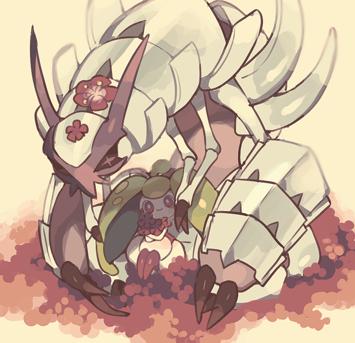 claws closed_eyes extra_arms field flower flower_field golisopod holding holding_flower looking_at_viewer maru_(umc_a) no_humans pink_eyes pokemon pokemon_(creature) red_flower shadow sitting smile steenee yellow_background