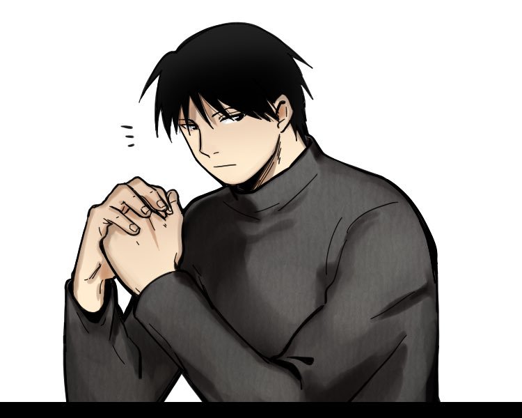 !! 1boy black_eyes black_hair doya expressionless fingernails fullmetal_alchemist grey_shirt hands_together image_sample long_sleeves looking_away male_focus roy_mustang shaded_face shirt short_hair simple_background twitter_sample white_background