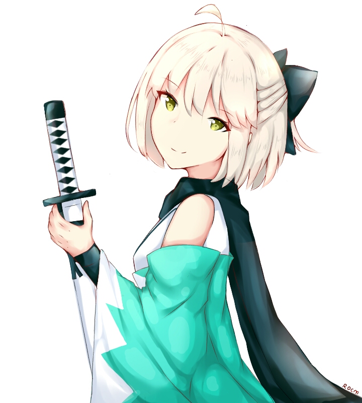 1girl ahoge artist_name black_bow black_scarf bow closed_mouth detached_sleeves fate/grand_order fate_(series) green_eyes hair_bow half_updo head_tilt holding holding_sheath japanese_clothes katana kimono light_brown_hair long_sleeves looking_at_viewer looking_to_the_side okita_souji_(fate) rocm_(nkkf3785) scarf sheath sheathed short_hair simple_background sleeveless sleeveless_kimono smile solo sword weapon white_background wide_sleeves