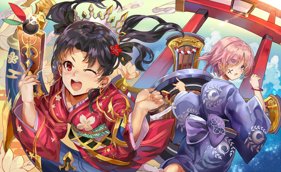 2girls ;d black_hair blue_kimono bracelet diadem earrings eyes_visible_through_hair fate/grand_order fate_(series) floating_hair floral_print flower hair_flower hair_ornament hair_over_one_eye himuro_(dobu_no_hotori) holding ishtar_(fate/grand_order) japanese_clothes jewelry kimono long_hair looking_at_viewer looking_back mash_kyrielight multiple_girls obi one_eye_closed open_mouth pink_hair red_eyes red_flower red_kimono sash short_hair smile torii twintails violet_eyes yukata