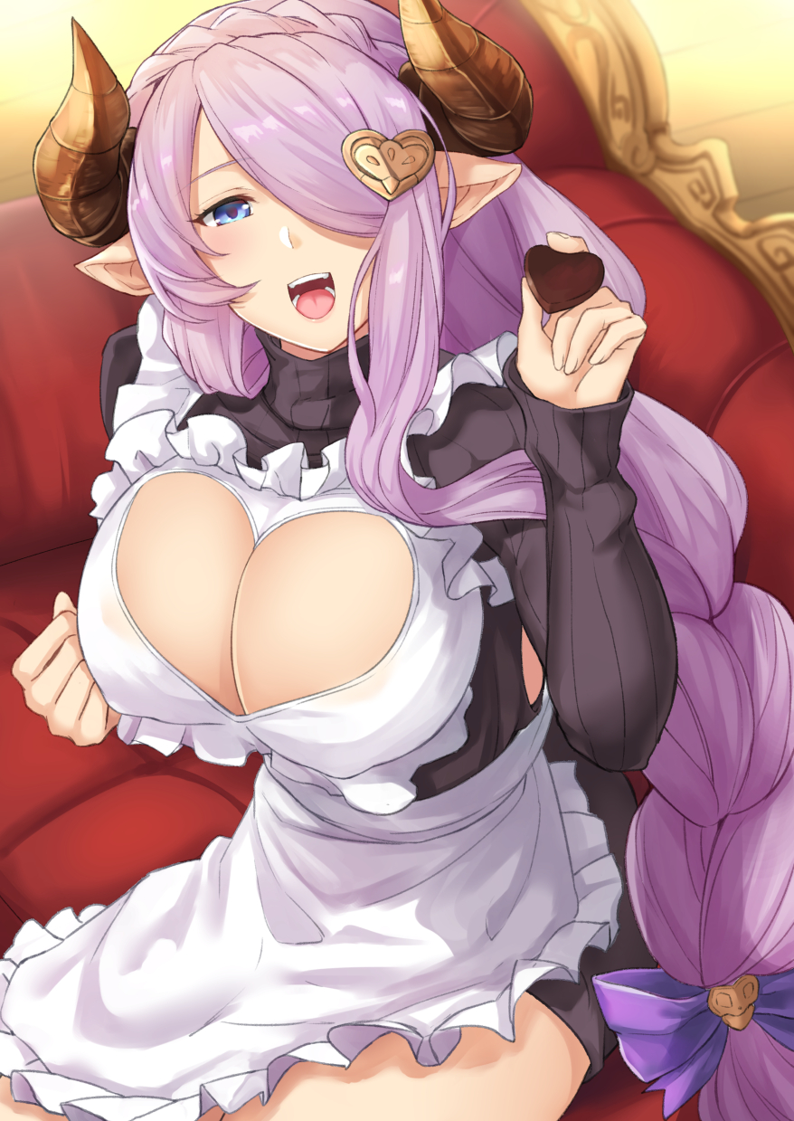 1girl apron black_sweater blue_eyes bow braid breasts chocolate chocolate_heart cleavage cleavage_cutout doraf erect_nipples eyebrows_visible_through_hair frilled_apron frills granblue_fantasy hair_bow hair_ornament hair_over_one_eye hand_up heart heart_cutout heart_hair_ornament highres holding_chocolate horns indoors large_breasts long_hair looking_at_viewer narumeia_(granblue_fantasy) open_mouth pointy_ears purple_bow ribbed_sweater single_braid sitting smile solo sweater teeth terry_(pixiv3274443) turtleneck turtleneck_sweater very_long_hair white_apron wooden_floor
